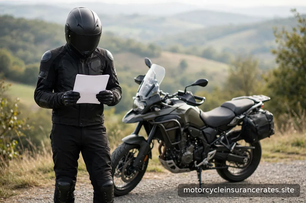 A rider in full gear reading a paper document beside a parked motorcycle at a scenic overlook