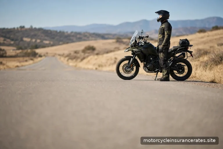 A rider in full gear standing beside a parked motorcycle on an open road in daylight