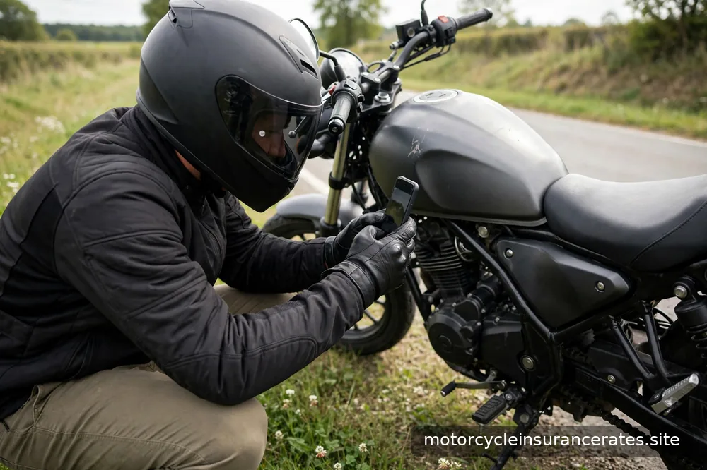 A rider in a helmet photographing motorcycle damage with a phone at a roadside scene