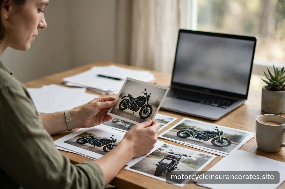 A claims adjuster reviewing photos of motorcycle damage on a laptop at a desk