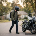 A rider in a helmet walking toward a parked motorcycle on a suburban street