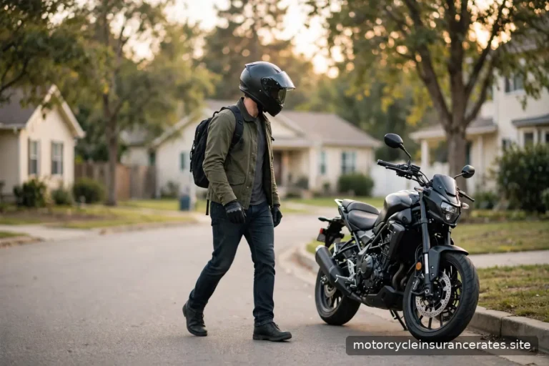 A rider in a helmet walking toward a parked motorcycle on a suburban street