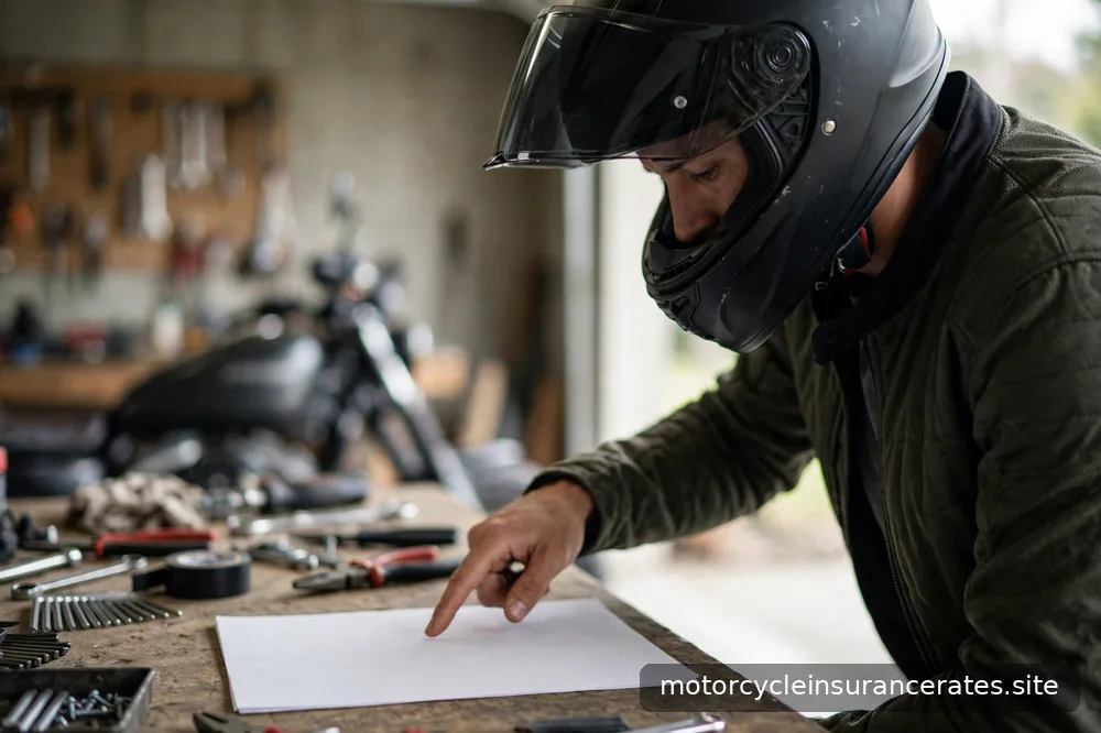 A rider in a helmet pointing at a blank motorcycle policy document on a garage workbench