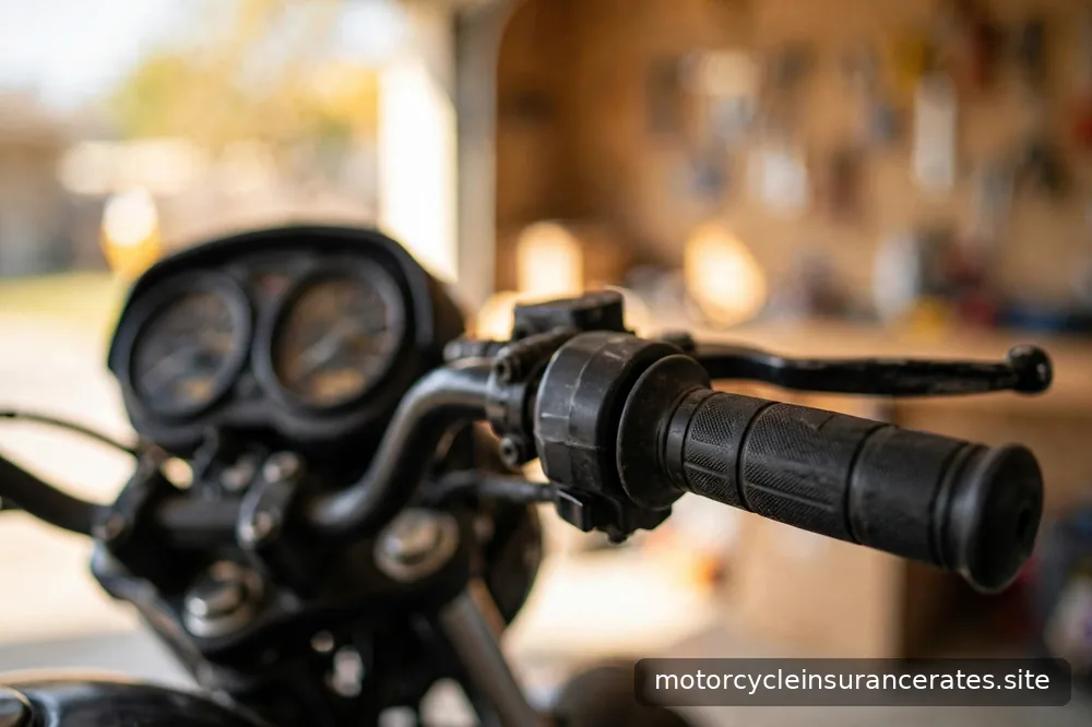 Close-up of motorcycle handlebars and instrument cluster with a blurred garage background, no readable text