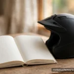 An open blank notebook beside a motorcycle helmet on a wooden table