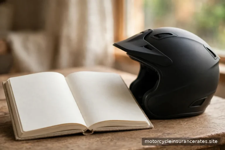 An open blank notebook beside a motorcycle helmet on a wooden table