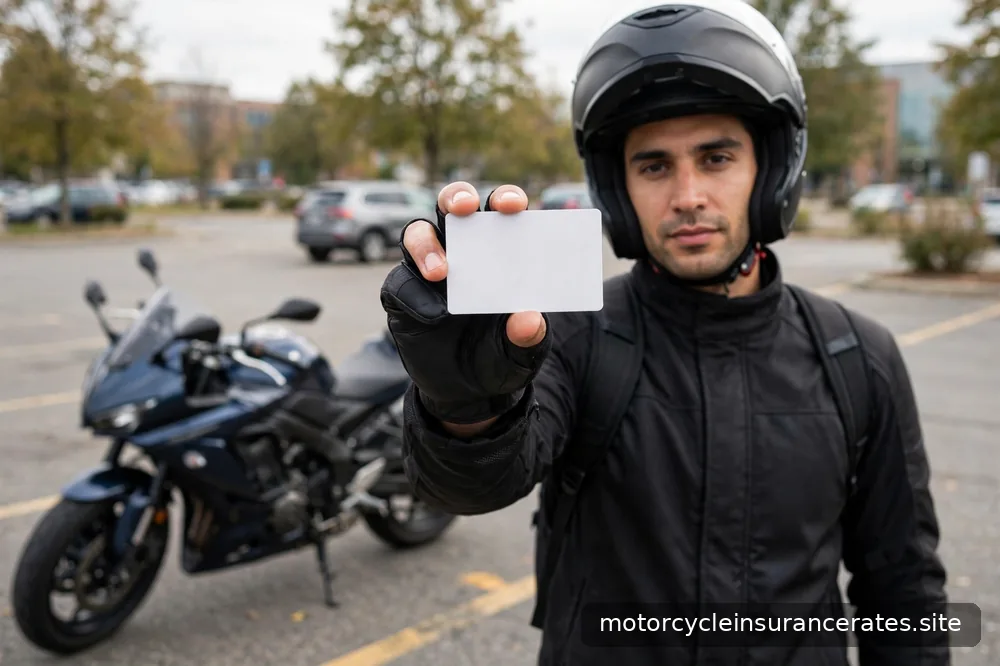 A rider in a helmet holding an insurance card next to a motorcycle at a DMV parking lot