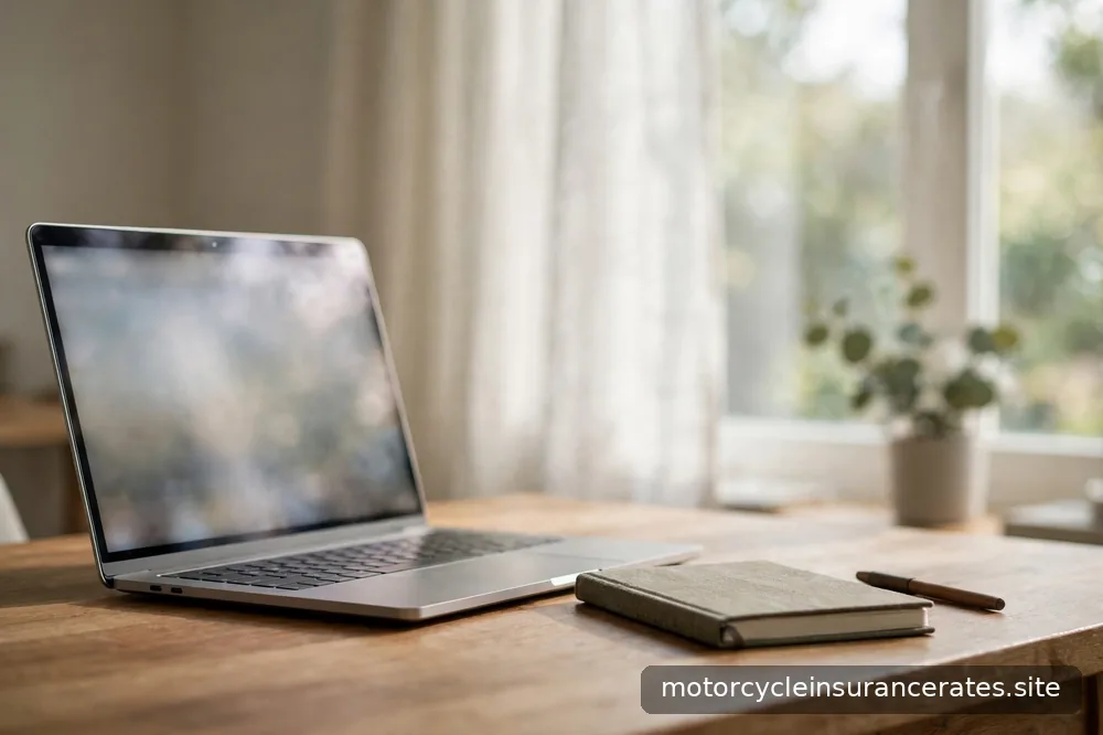 A laptop showing a state government website with a notebook beside it, screen content blurred