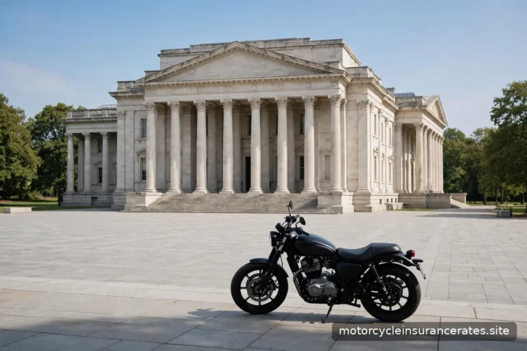 A motorcycle parked in front of a state capitol-style building in daylight