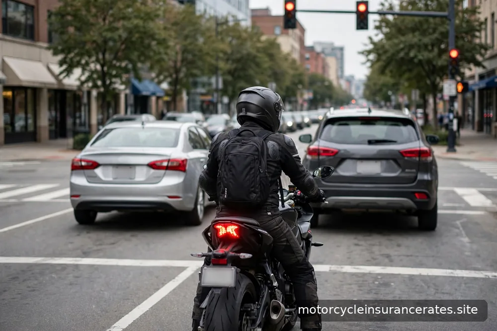 A rider in full gear stopped at an intersection behind cars, brake light visible