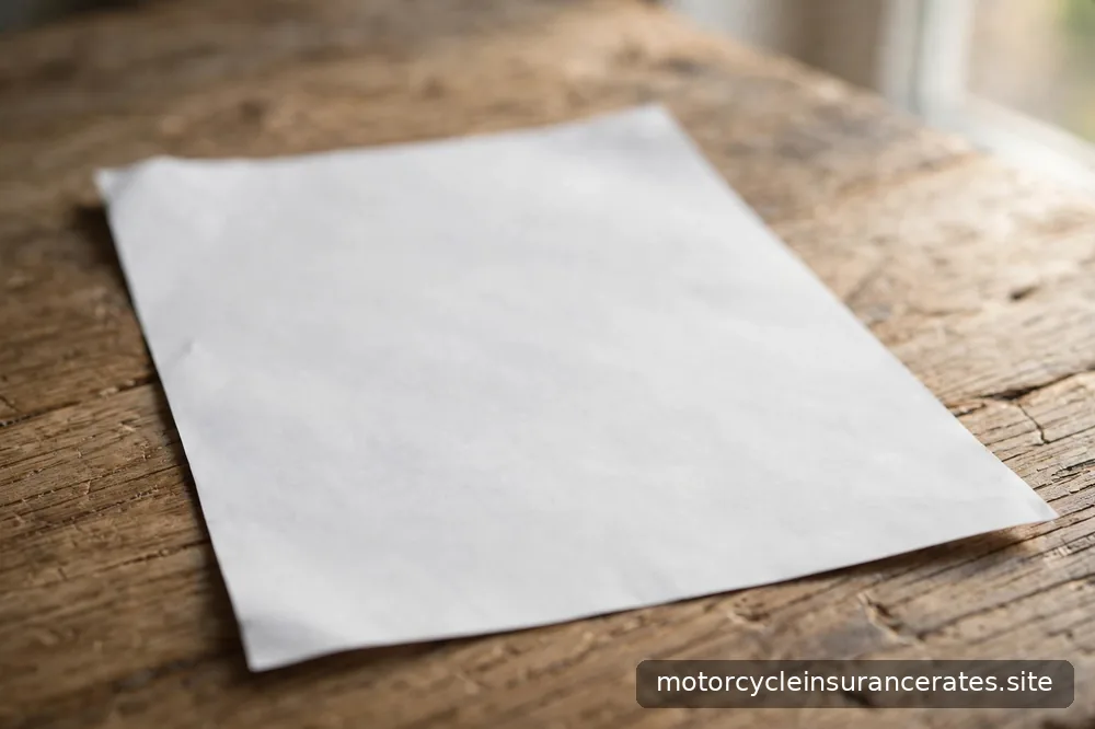 Close-up of a motorcycle insurance declarations page on a table, text blurred beyond readability