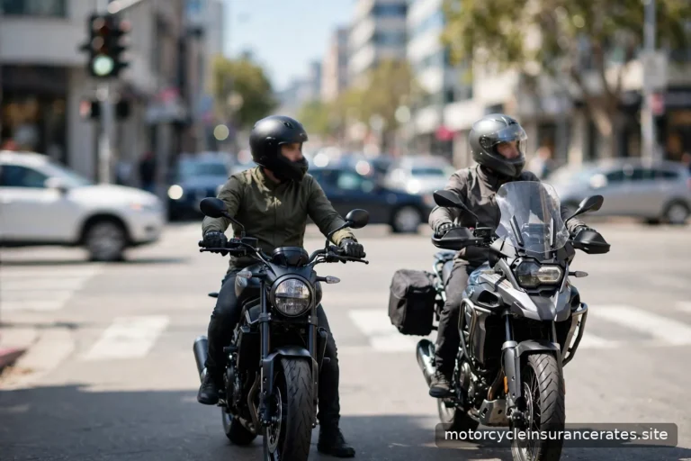 Two motorcycles stopped at a city intersection in daylight