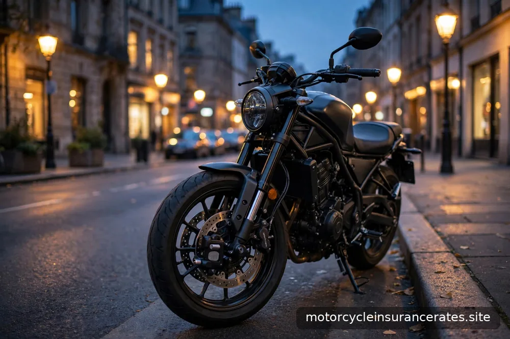 A motorcycle parked on a city street at dusk
