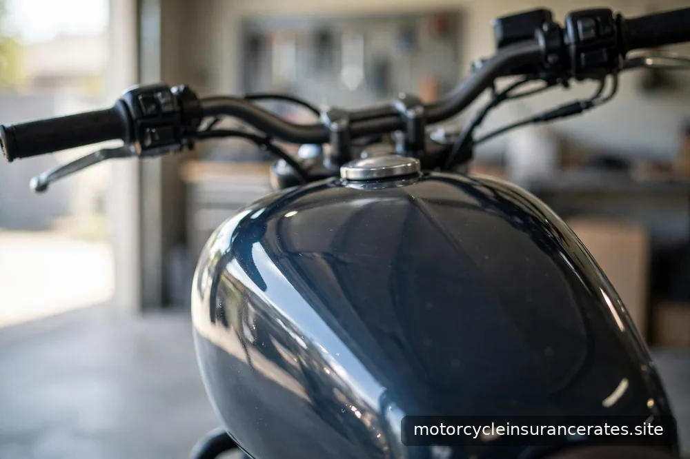 Close-up of a motorcycle fuel tank and handlebars in a garage, showing factory paint