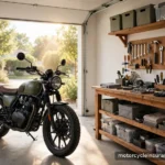 Collision vs. Comprehensive for Motorcycles: Which Protects Your Bike A motorcycle parked in a garage next to a workbench with tools