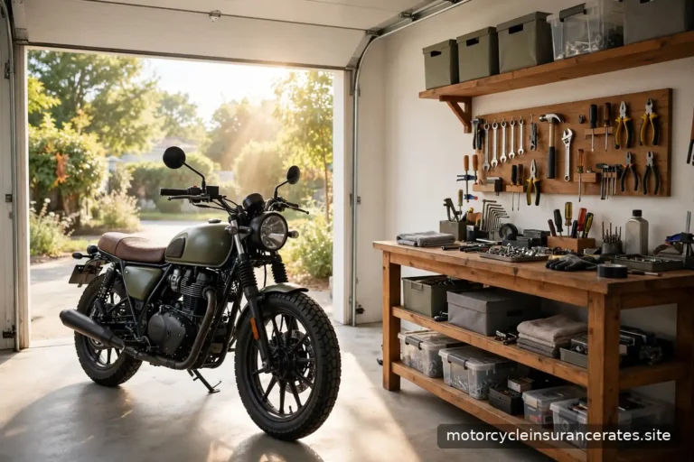 A motorcycle parked in a garage next to a workbench with tools