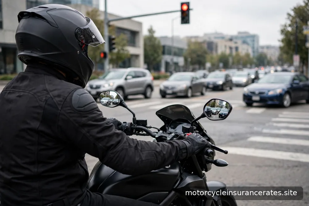 A rider in full gear waiting at a red light, cars visible in mirrors