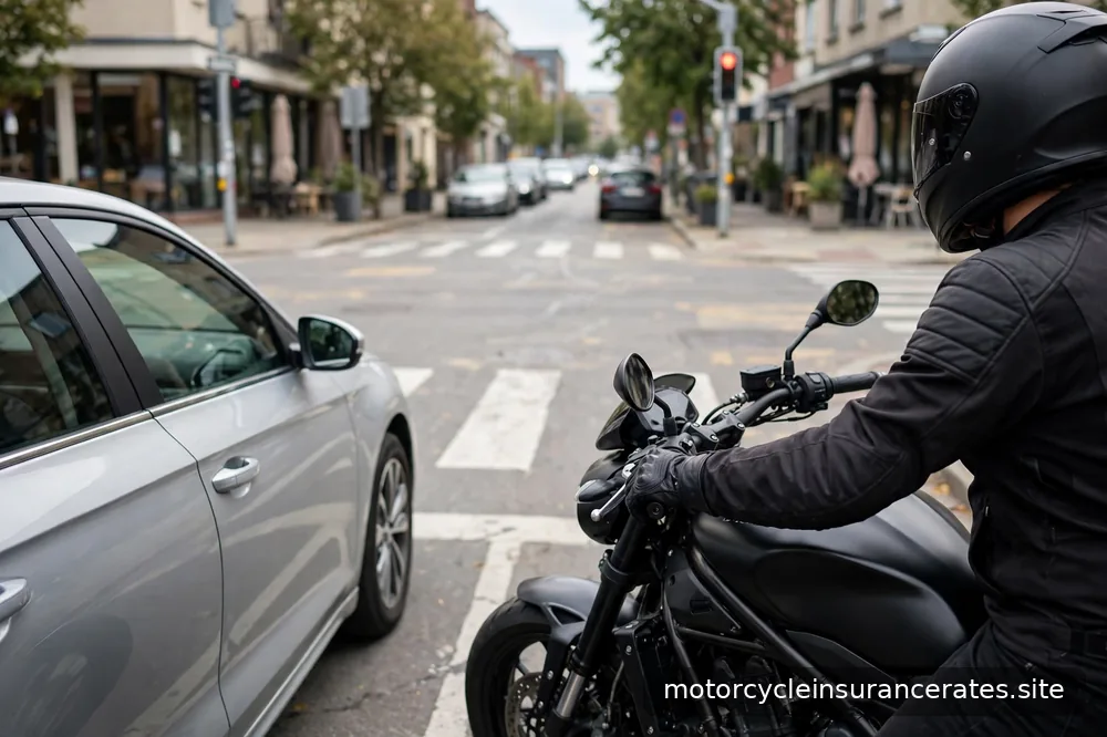 A motorcycle parked beside a car at an intersection, rider's gloved hand visible on the handlebar