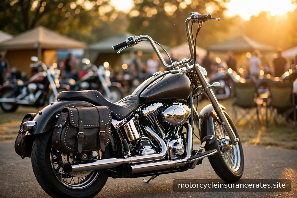 A customized cruiser motorcycle with chrome details parked at a bike meet, golden hour light