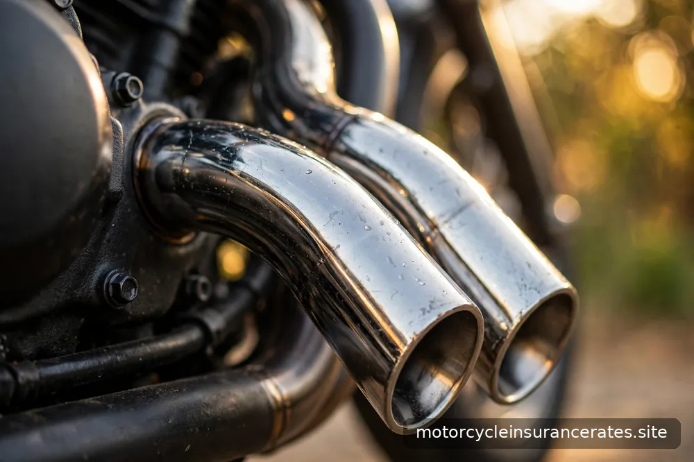Close-up of aftermarket chrome exhaust pipes on a motorcycle, shallow depth of field