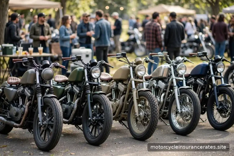 A row of customized motorcycles parked at an outdoor bike meet