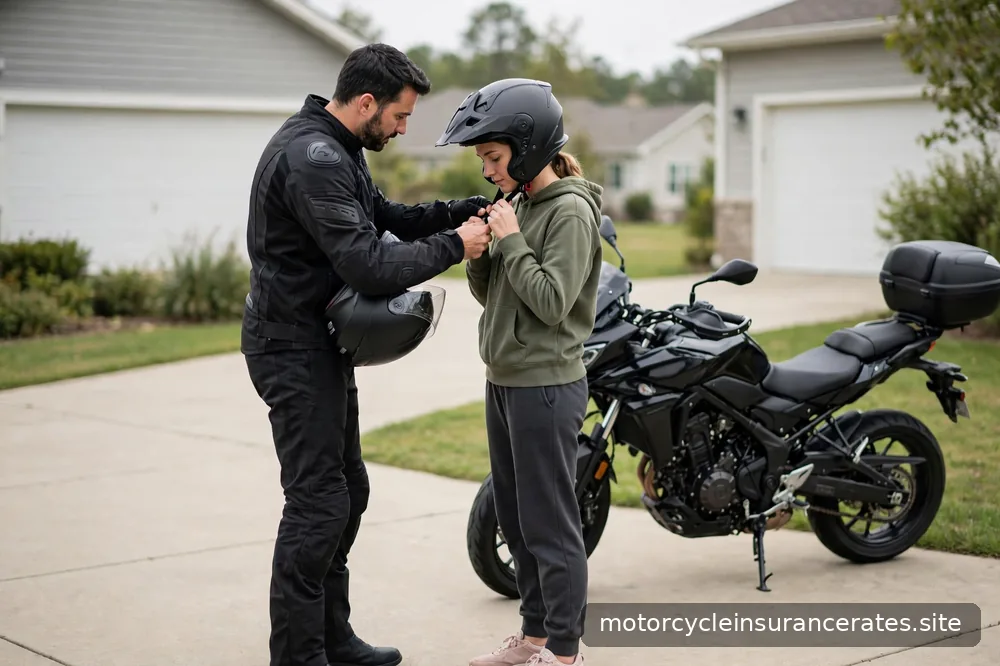 A rider helping a passenger fasten a helmet beside a parked motorcycle in a driveway