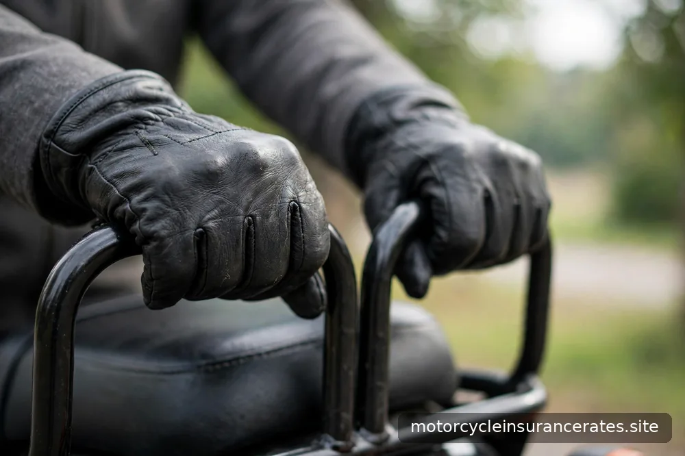 Close-up of a passenger's gloved hands on grab rails behind the rider, motorcycle parked