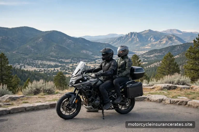 Two riders in full gear on a touring motorcycle at a scenic overlook, helmets on, calm daylight