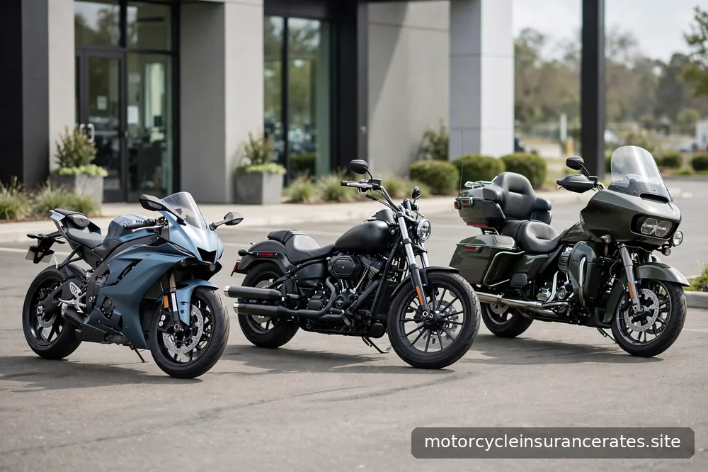 Motorcycles of different types parked in a row at a dealership lot in daylight