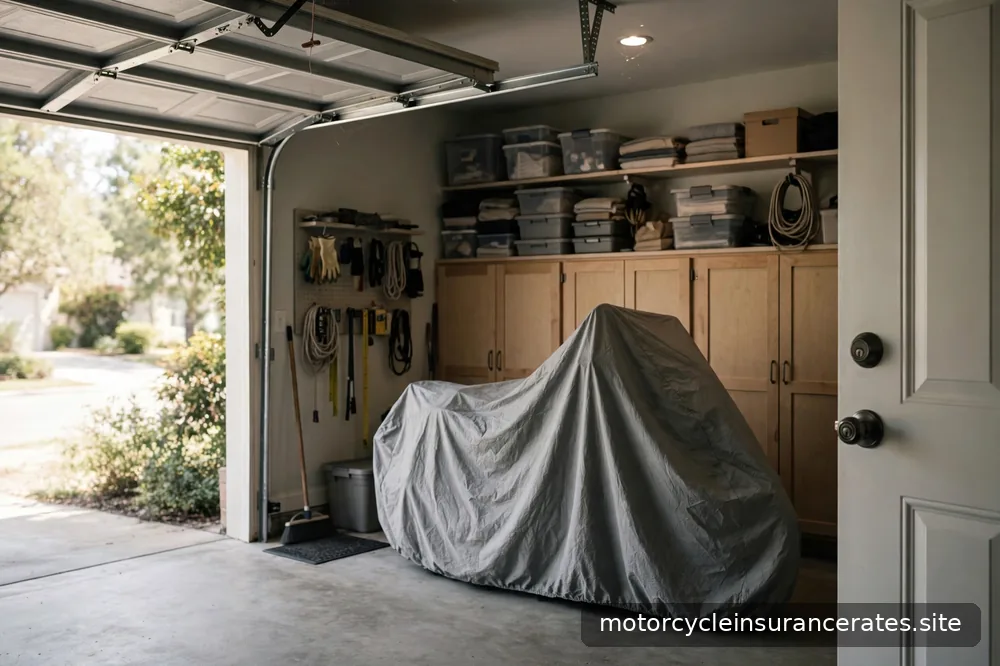 A locked residential garage with a covered motorcycle inside