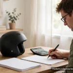 How Motorcycle Insurance Rates Are Calculated A rider reviewing insurance papers with a calculator on a wooden desk beside a helmet