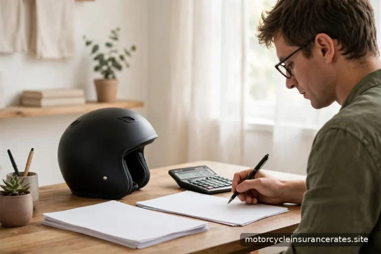A rider reviewing insurance papers with a calculator on a wooden desk beside a helmet
