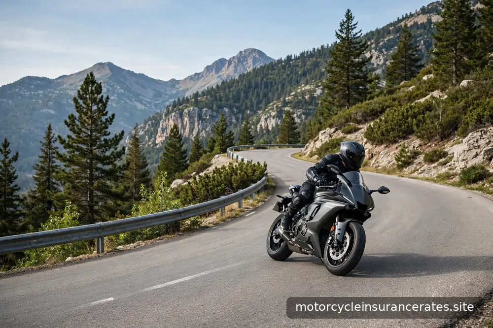 A sport bike leaning into a curve on a mountain road, rider in full gear