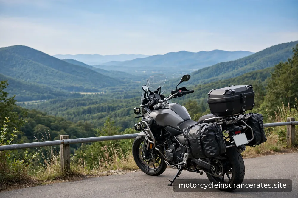 A touring motorcycle loaded with saddlebags parked at a scenic overlook