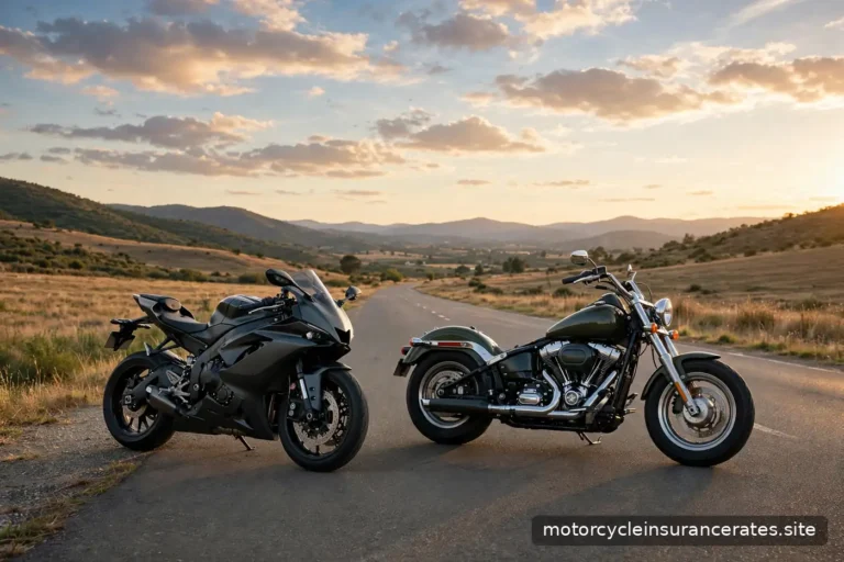 A sport motorcycle and a cruiser parked side by side on an open road at golden hour