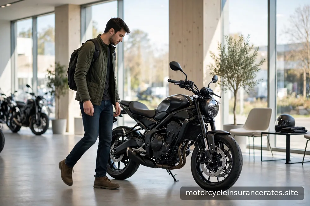 A new rider walking around a motorcycle in a dealership showroom