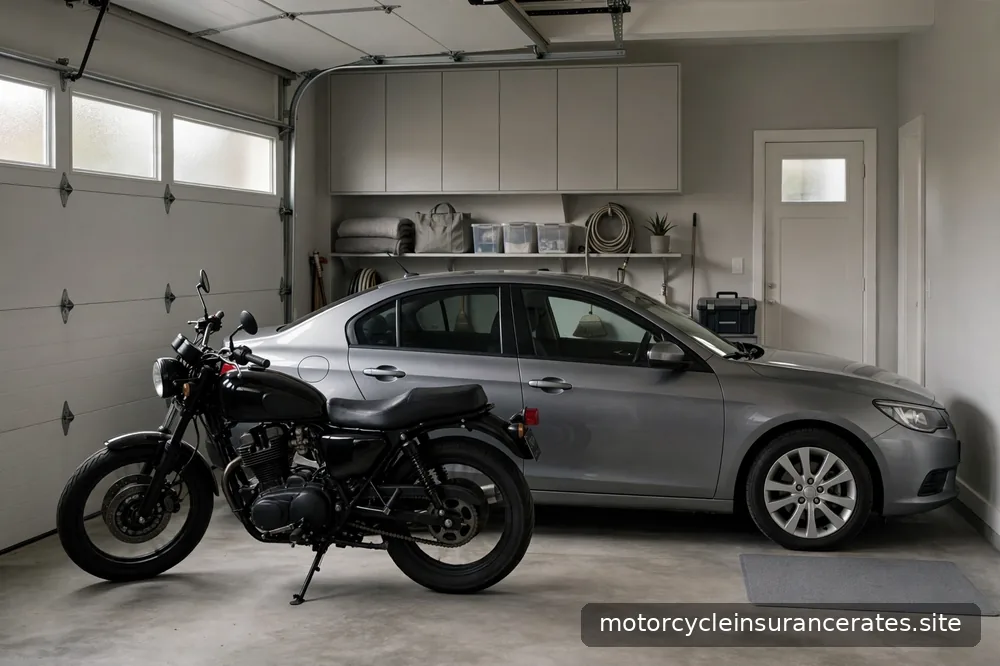 A motorcycle parked in a locked garage next to a car, tidy and secure