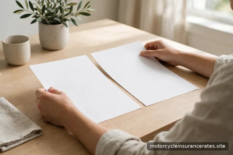 A person comparing two blank insurance documents side by side at a bright desk