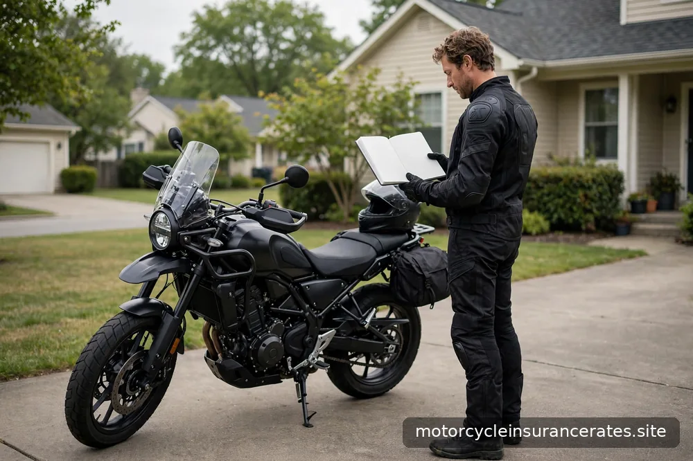 A rider in gear standing next to a motorcycle holding a notebook with blank pages