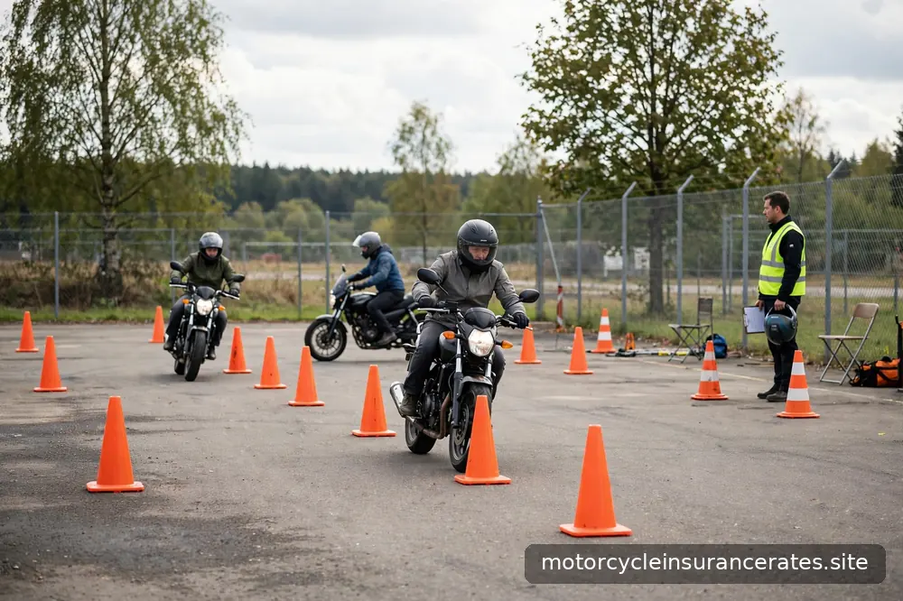 A motorcycle safety course in progress on a closed practice range, cones visible