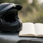 9 Honest Ways Riders Lower Their Motorcycle Insurance Costs Close-up of a motorcycle helmet resting on a fuel tank beside an open notebook with blank pages