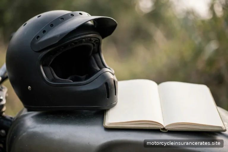 Close-up of a motorcycle helmet resting on a fuel tank beside an open notebook with blank pages
