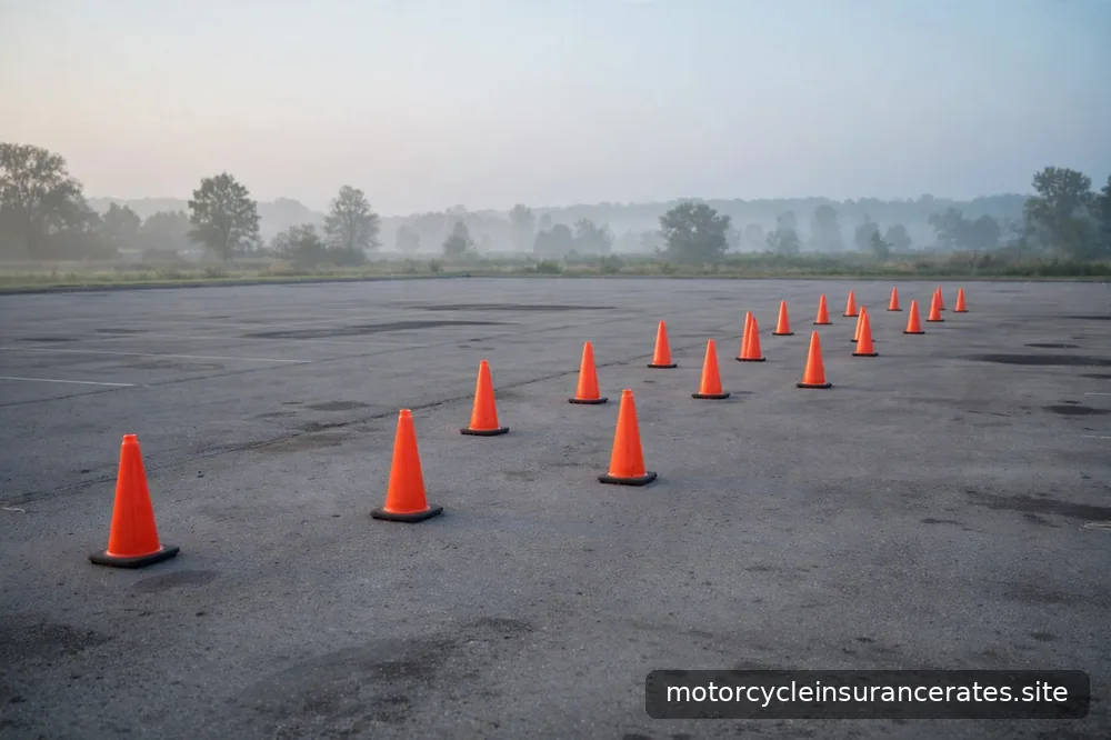Motorcycle training cones arranged on an empty parking lot at dawn, no riders