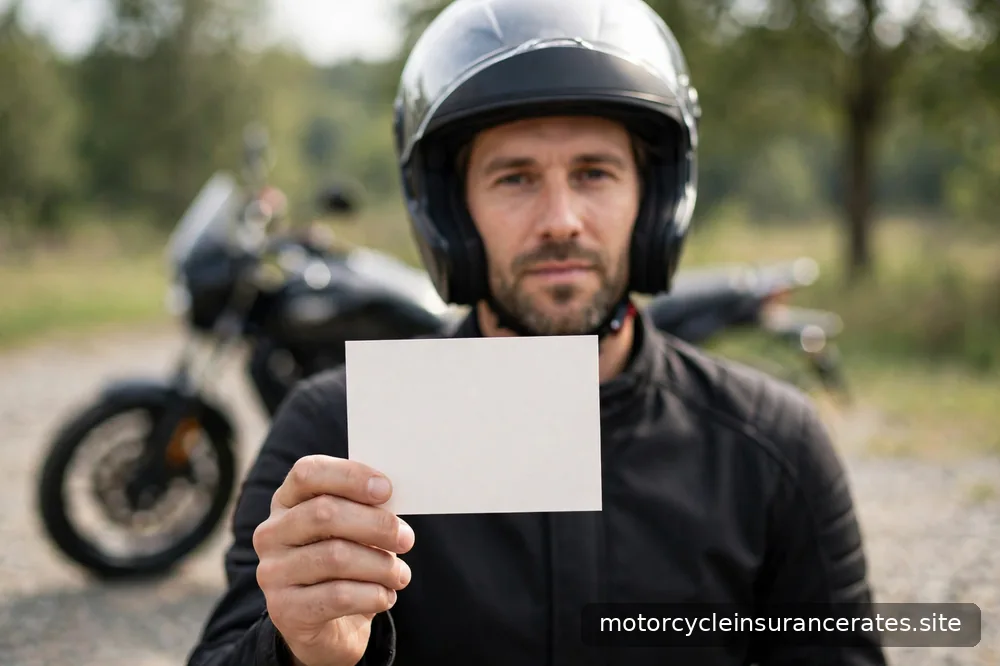 A rider holding a course completion card with blank fields, no readable text