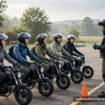 The MSF Basic RiderCourse and Insurance: What's Real About the Discount A group of new riders on training motorcycles lined up on a practice range with an instructor
