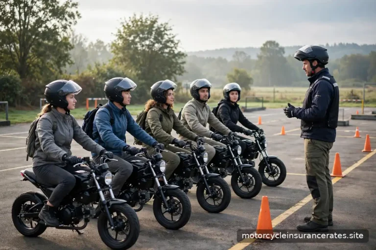 A group of new riders on training motorcycles lined up on a practice range with an instructor