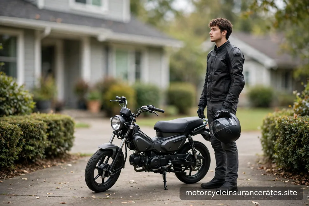 A young adult rider in full protective gear beside a small-displacement motorcycle in a suburban driveway