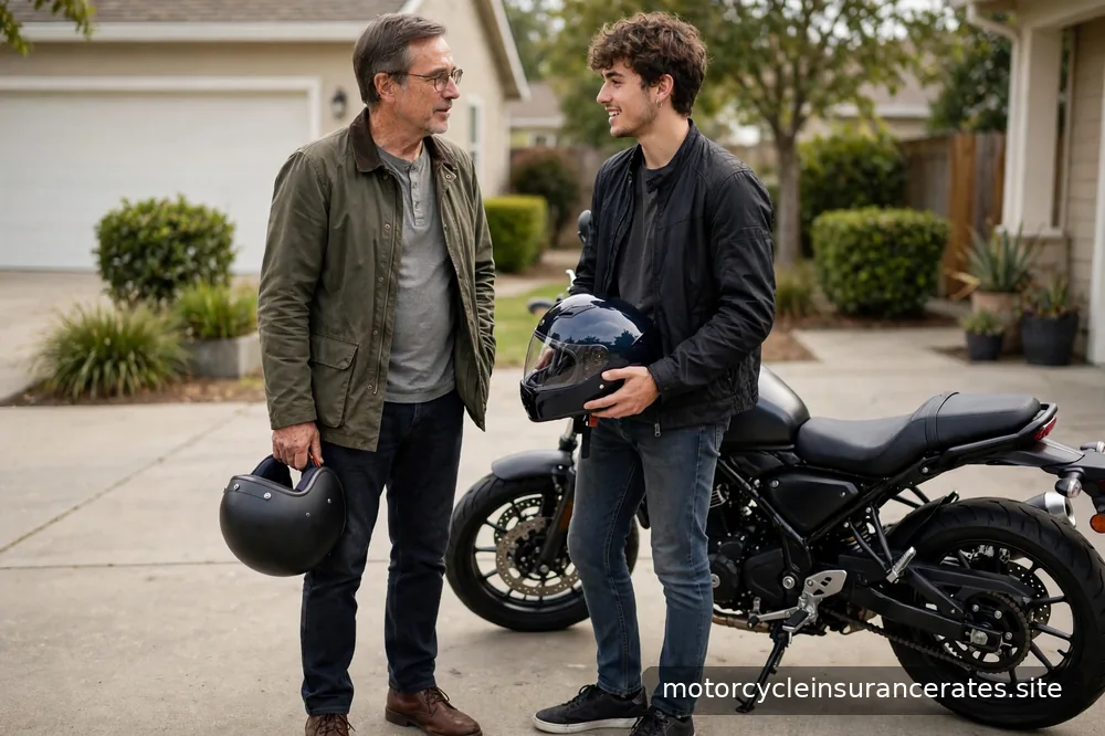 A parent and young rider talking beside a motorcycle in a driveway, helmets in hand