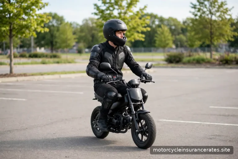 A young rider practicing slow-speed turns on a small motorcycle in an empty parking lot