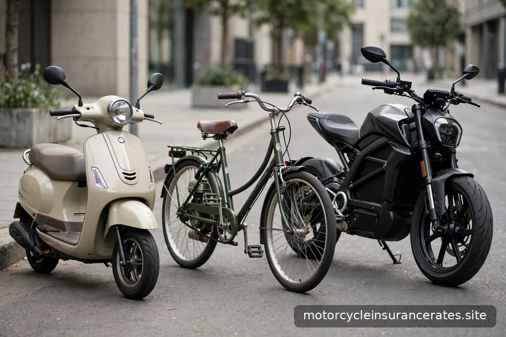 A scooter, a moped-style bike, and an e-bike parked in a row on a city street